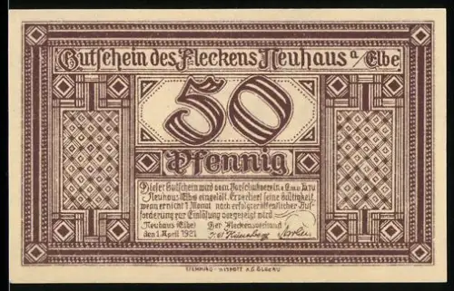 Notgeld Neuhaus a. Elbe 1921, 50 Pfennig, Burgmotiv mit Inschrift und Ornamenten