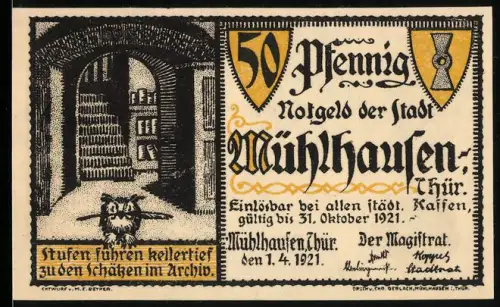 Notgeld Mühlhausen /Thür. 1921, 50 Pfennig, Treppen im Archiv und Schutzbrief Wallensteins 1625