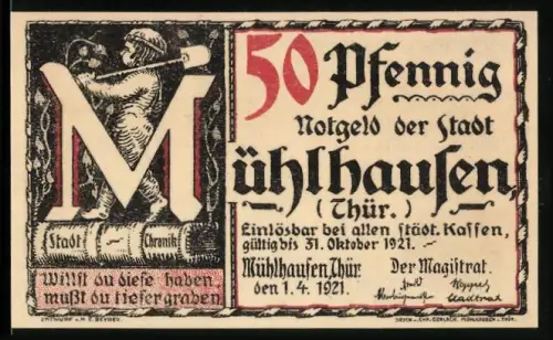 Notgeld Mühlhausen /Thür. 1921, 50 Pfennig, Arbeiter mit Buchstaben M und historische Schriftrolle