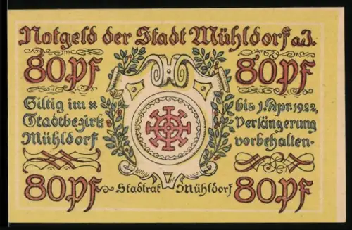 Notgeld Mühldorf a. Inn 1922, 80 Pf, Ortsansicht und Wappen mit floralen Elementen