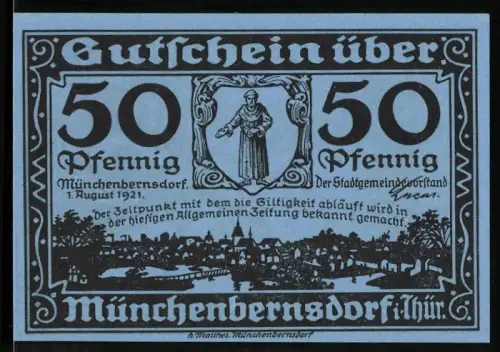 Notgeld Münchenbernsdorf i. Thür. 1921, 50 Pfennig, Ortsansicht und Waldszene mit Menschen und Gedicht