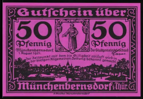Notgeld Münchenbernsdorf i. Thür. 1921, 50 Pfennig, Mönch und Pferd mit Reim
