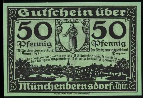 Notgeld Münchenbernsdorf i. Thür. 1921, 50 Pfennig, Mönch und Reiter im Waldmotiv