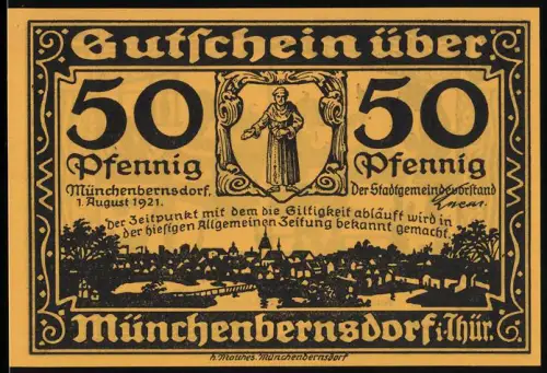 Notgeld Münchenbernsdorf i. Thür. 1921, 50 Pfennig, Mönch und Silhouette von arbeitenden Männern