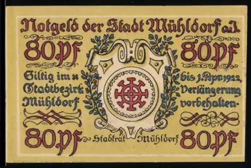 Notgeld Mühldorf a. Inn 1922, 80 Pf, Stadtwappen und Ortsansicht mit dekorativen Blumenornamenten