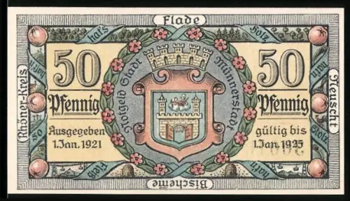 Notgeld Münnerstadt 1921, 50 Pfennig, Stadtwappen und Oberes Tor