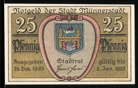 Notgeld Münnerstadt 1920, 25 Pfennig, Stadtwappen und Dicker Turm mit Gebäuden im Hintergrund