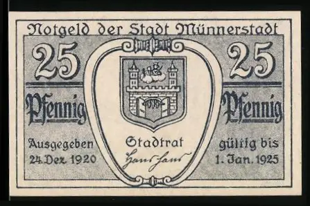 Notgeld Münnerstadt 1920, 25 Pfennig, Wappen und Dicker Turm