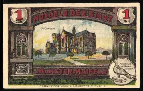 Notgeld Münstermaifeld 1921, 1 Mark, Abbildung der Stiftskirche und Wappen mit Kirchentürmen