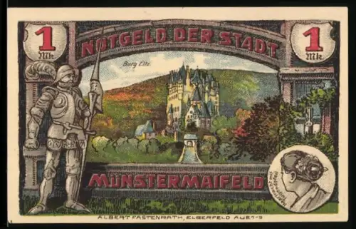 Notgeld Münstermaifeld 1921, 1 Mark, Ritter und Burg Elz, Stadtwappen mit Schlüsseln