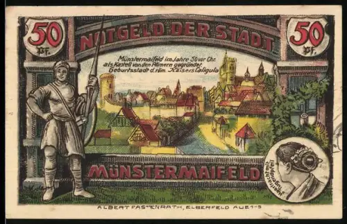 Notgeld Münstermaifeld 1921, 50 Pfennig, Ortsansicht und Krieger mit Münze, Wappen mit Burgtor