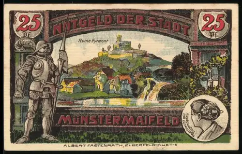 Notgeld Münstermaifeld 1921, 25 Pfennig, Ruine Pyrmont und Ritterrüstung mit Stadtwappen
