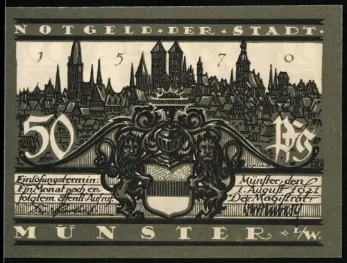 Notgeld Münster i. W. 1921, 50 Pf, Ortsansicht und Kiepenkerl-Statue