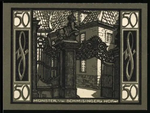 Notgeld Münster i. W. 1921, 50 Pfennig, Schmisingscher Hof und Ortsansicht mit Wappen