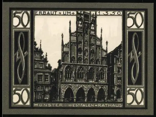 Notgeld Münster i. W. 1921, 50 Pf, Rathaus und Ortsansicht mit Wappen