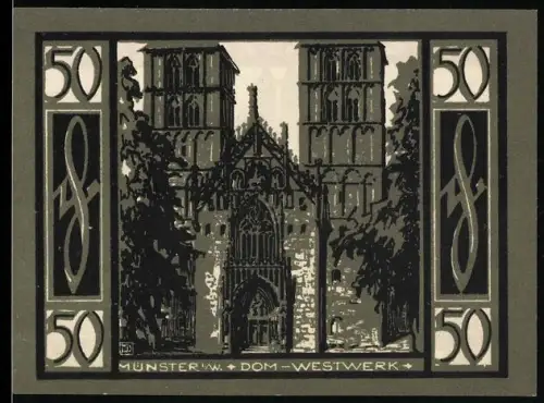 Notgeld Münster i. W. 1921, 50 Pfennig, Dom-Westwerk und Ortsansicht mit Wappen