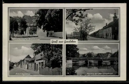 AK Gorsleben, Schieferhof u. Denkmal, Backsgasse, Partie an der Unstrut