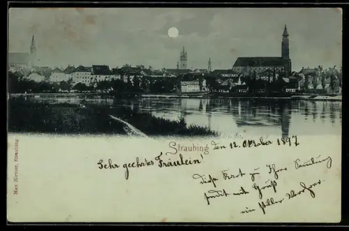 Mondschein-AK Straubing, Ortsansicht mit Donau und Kirchtürmen