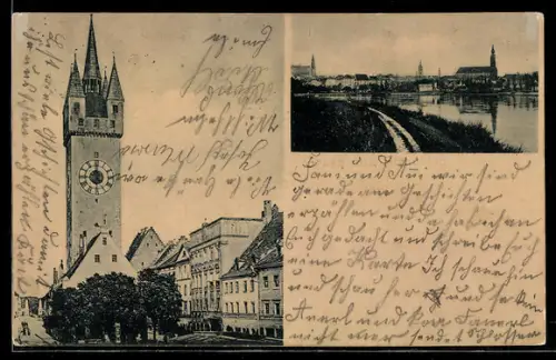 AK Straubing, Stadtturm, Ortsansicht an der Donau