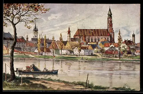AK Straubing, Donauansicht, Ortspanorama, Kirche St. Jakob