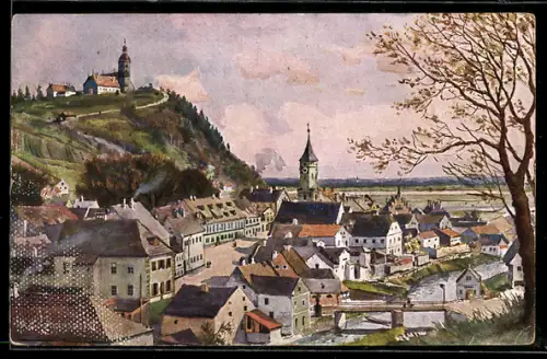 AK Straubing, Ortsansicht mit Kirche und Bogenberg