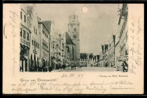 AK Donauwörth, Strassenzug mit Kirche und Stadtturm