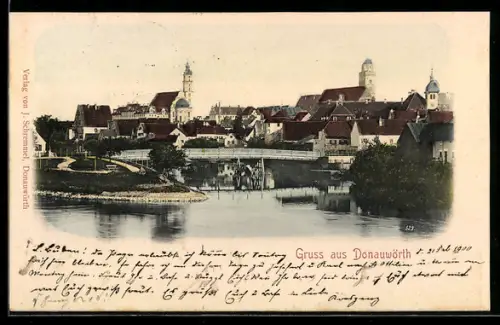 AK Donauwörth, Stadtansicht mit Brücke und Kirchtürmen