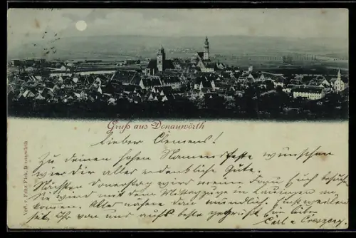 Mondschein-AK Donauwörth, Ortsansicht mit Kirche und Stadtturm