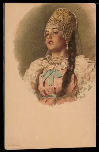 Künstler-AK Dame in Tracht, Rotes Kreuz Russland
