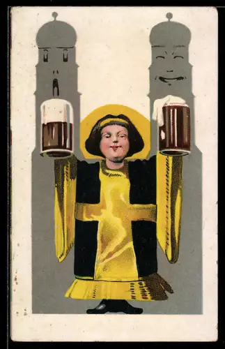 AK München, das Münchner Kindl hält zwei Bierkrüge hoch, Gesichter auf den Türmen der Frauenkirche