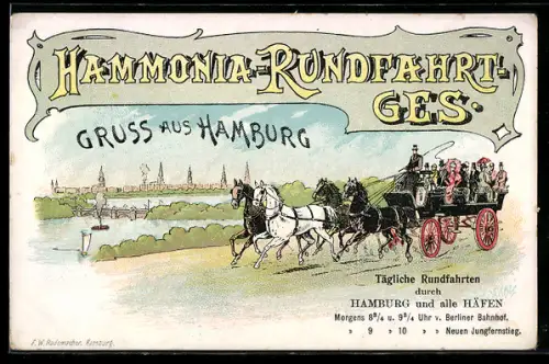 Lithographie Hamburg, Hammonia-Rundfahrt-Gesellschaft, Pferdegespann