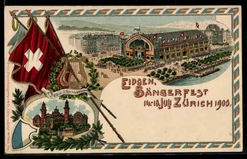 Lithographie Zürich, Sängerfest 1905, Veranstaltungsgelände aus der Vogelschau, Schweizer Flagge