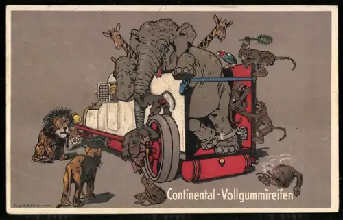 Künstler-AK Tiere auf einem LKW, Reklame Continental-Vollgummireifen