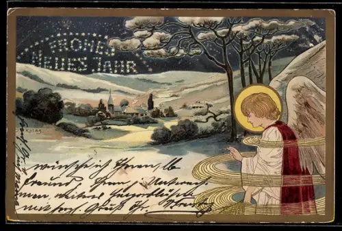 Künstler-AK Neujahrsengel in verschneiter Landschaft, Jugendstil