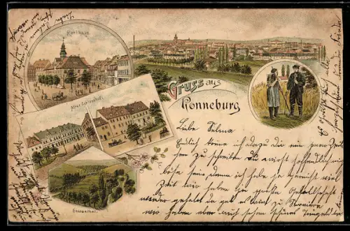 Lithographie Ronneburg, Alter Schlosshof, Rathaus, Gessenthal