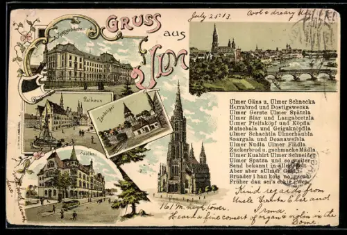 Lithographie Ulm, Saalbau, Zundelthor, Rathaus, Justizgebäude, Münster