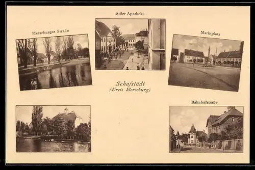 AK Schafstädt, Bahnhofstrasse, Merseburger Strasse, Adler-Apotheke