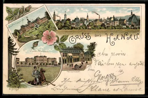 Lithographie Hanau, Schloss Philippsruhe, Ulanen Kaserne, Wilhelmsbad & Teilansicht