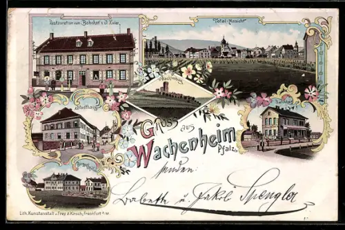 Lithographie Wachenheim /Pfalz, Restauration zum Bahnhof v. J. Euler, Bahnhof, Stadthaus