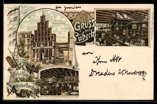 Lithographie Lübeck, Schiffergesellschaft, Innenansicht