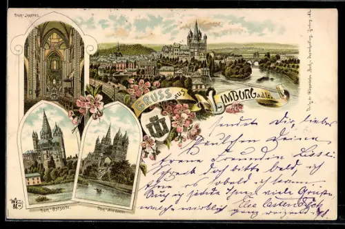 Lithographie Limburg / Lahn, Schaumburg, Domansichten, Ortspanorama