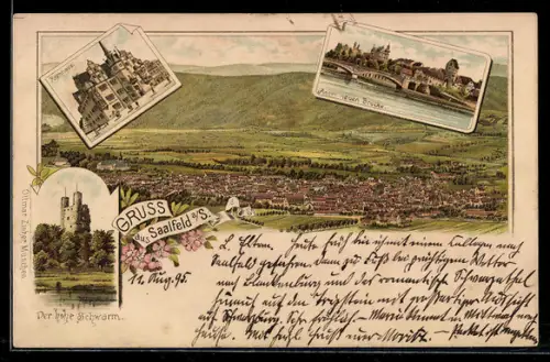 Vorläufer-Lithographie Saalfeld a. S., 1895, Rathaus, Neue Brücke, Ortsansicht