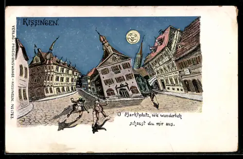 Goldfenster-AK Kissingen, Ortsansicht aus der Sicht eines Betrunkenen mit leuchtenden Fenstern