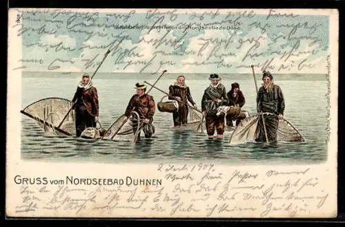 Lithographie Duhnen, Fischer im Wasser