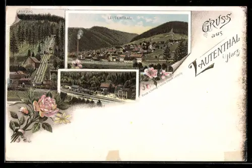 Lithographie Lautenthal i. Harz, Bahnhof, Aufzug, Ortsansicht
