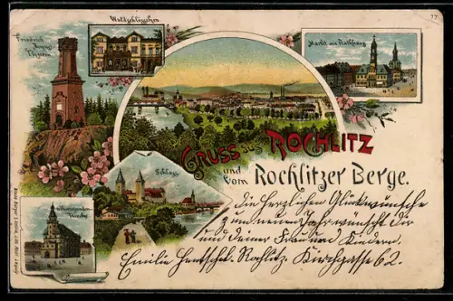 Lithographie Rochlitz, Friedrich-August-Turm, Schloss, Markt mit Rathaus