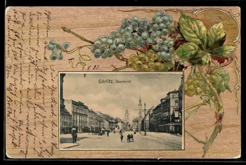 Passepartout-Lithographie Görlitz, Obermarkt, Weintrauben