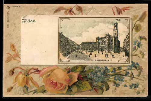 Lithographie Zittau, Rathausplatz mit Brunnen