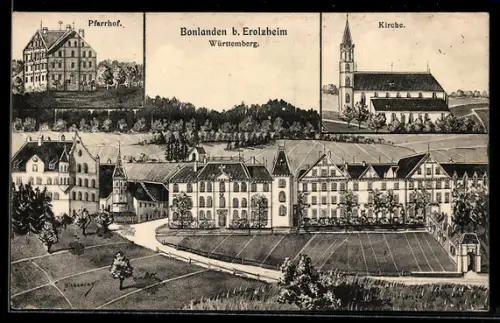 AK Bonlanden /Württemberg, Ortsansicht mit Pfarrhof und Kirche