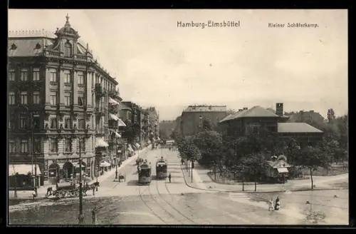 AK Hamburg-Eimsbüttel, Kleiner Schäferkamp mit Strassenbahn
